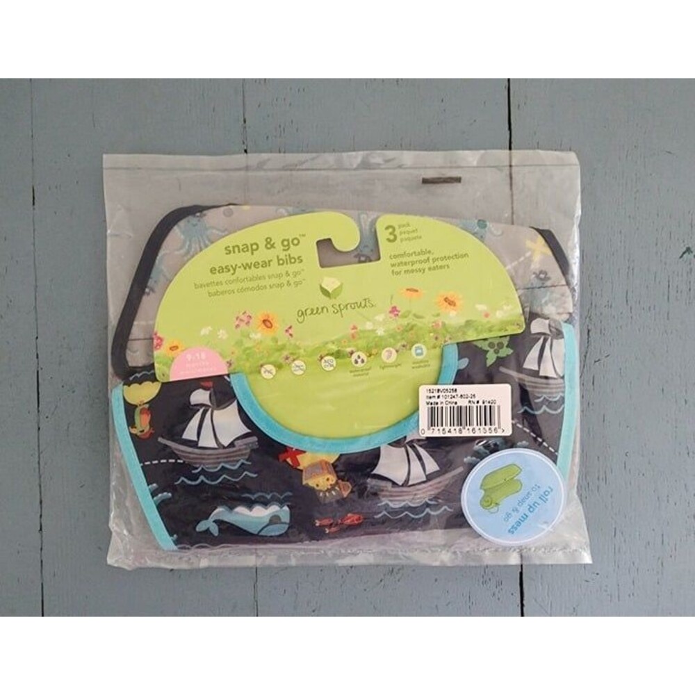 Green Sprouts 3 Pack Snap & Go Wipe-Off Bibs Oceanic 9-18 Months. NWT
